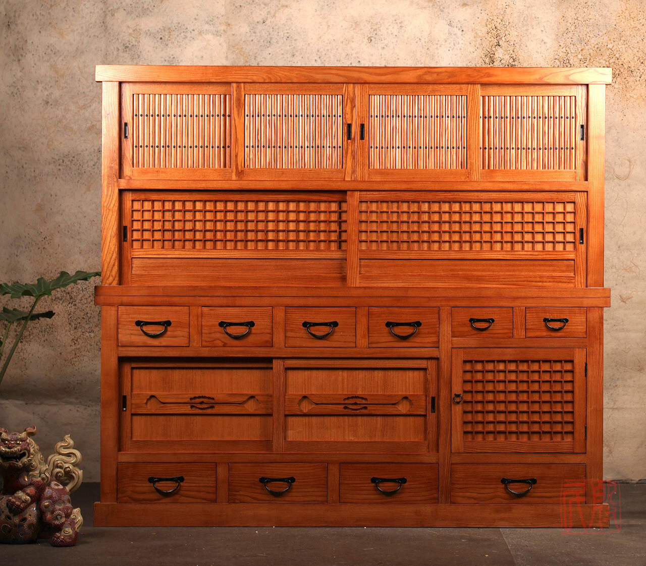 Japanese Glass-Door Book Tansu — 8 Drawers, Modern Revival